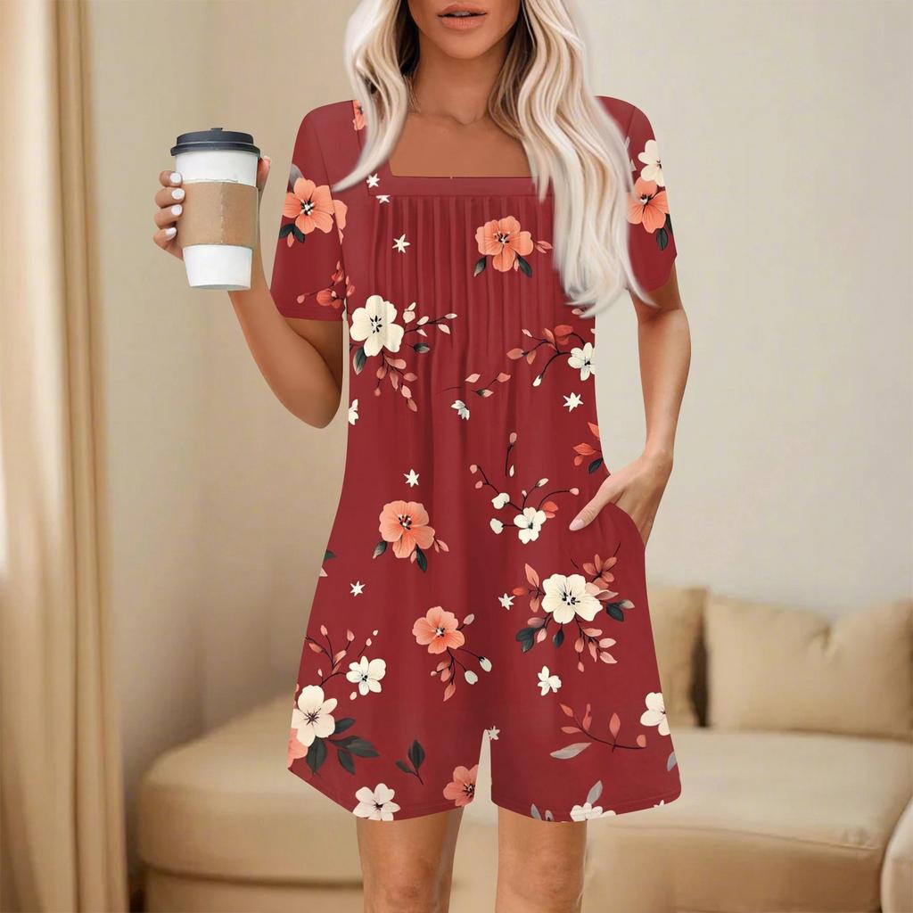 Women's Fashionable And Casual Short-sleeved Pleated Pocket Jumpsuit Printed Jumpsuit Shorts