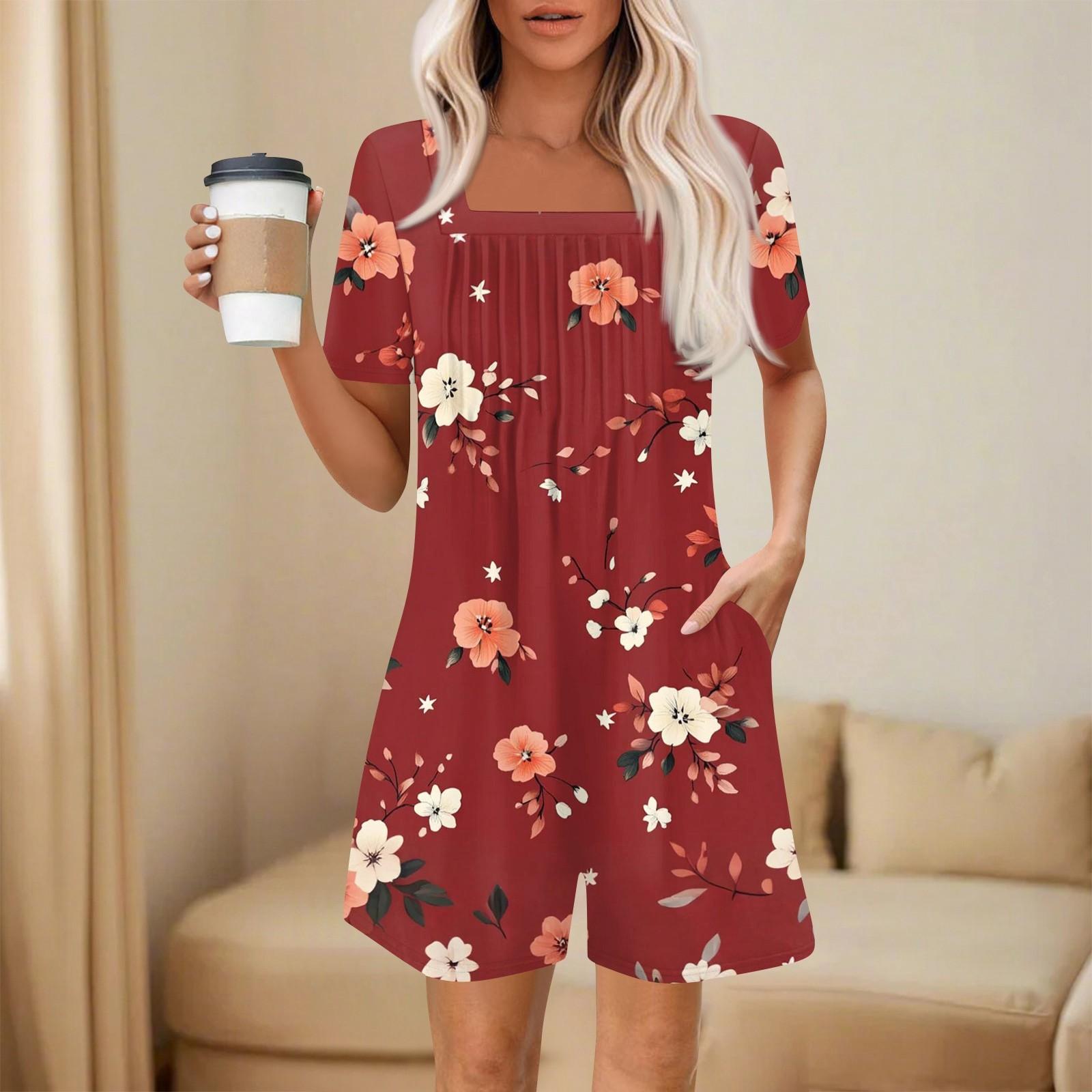 

Женский модный и повседневный комбинезон с короткими рукавами и карманами, принтованный комбинезон-шорты L красный