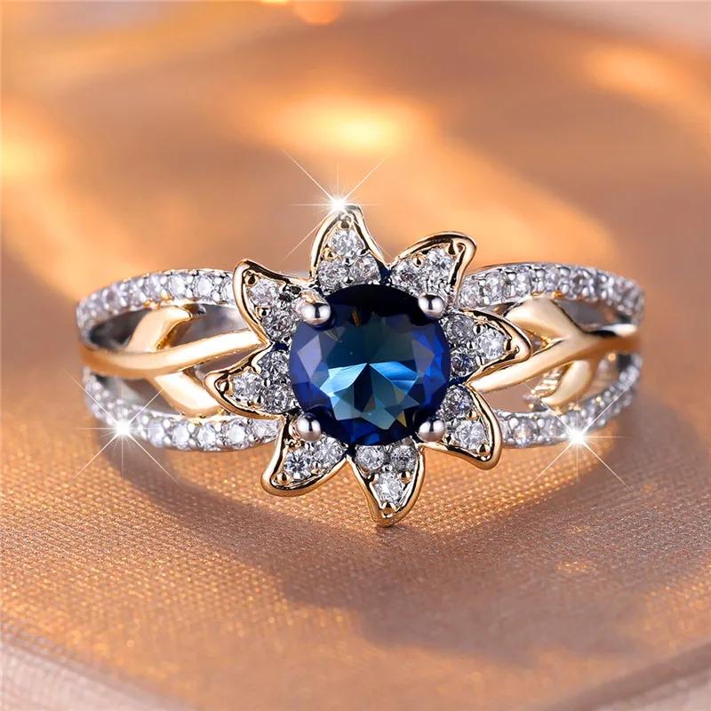 Huajie Women's Two Tone Sun Flower Shape Rings New Ring Inlaid Brilliant Zirconia Delicate Female Fashion Tide