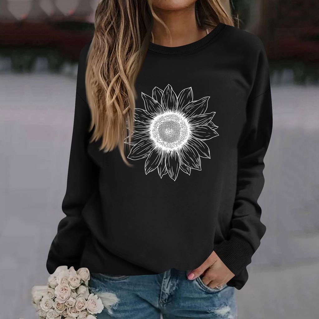 Sweat-shirt décontracté à manches longues et col rond pour femme, couleur unie, imprimé