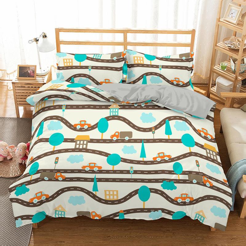 Set Copripiumino Guida di Viaggio Motivo Cartone Animato Percorso Auto Casa Edificio Set Biancheria da Letto Microfibra Tema Viaggio Misura King Copripiumino