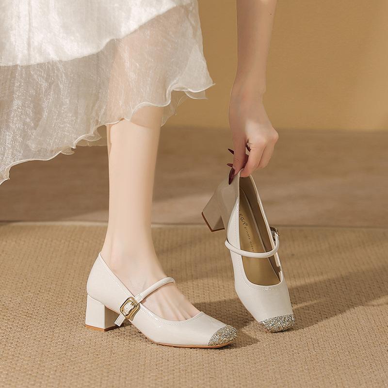 Sheepskin not tired feet single shoes square head rhinestone one-word buckle medium thick heel Mary Jane shoes women's high heel ballet shoes