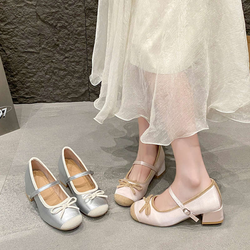 Small Person Increases Height 7cm Mary Jane Shoes Women's Bow with Silver Evening Breeze Gentle Thick Heel Ballet Shoes