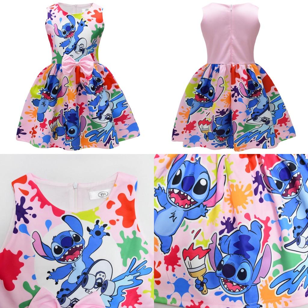 Vestido de Menina Lilo Stitch Com Laço de Borboleta Poliéster Algodão Para Primavera Outono Brincadeiras