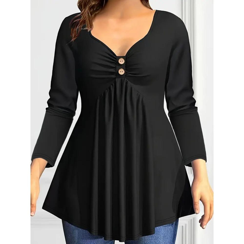 Women's V Neck Long Sleeve Tunic Top Loose Fit Plus Size Solid Ruched Button Detail Flared Hem Casual Blouse