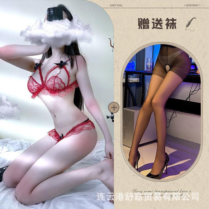 Sex underwear pearl underwear bra temptation transparent polyester women's three-point open crotch milk hair