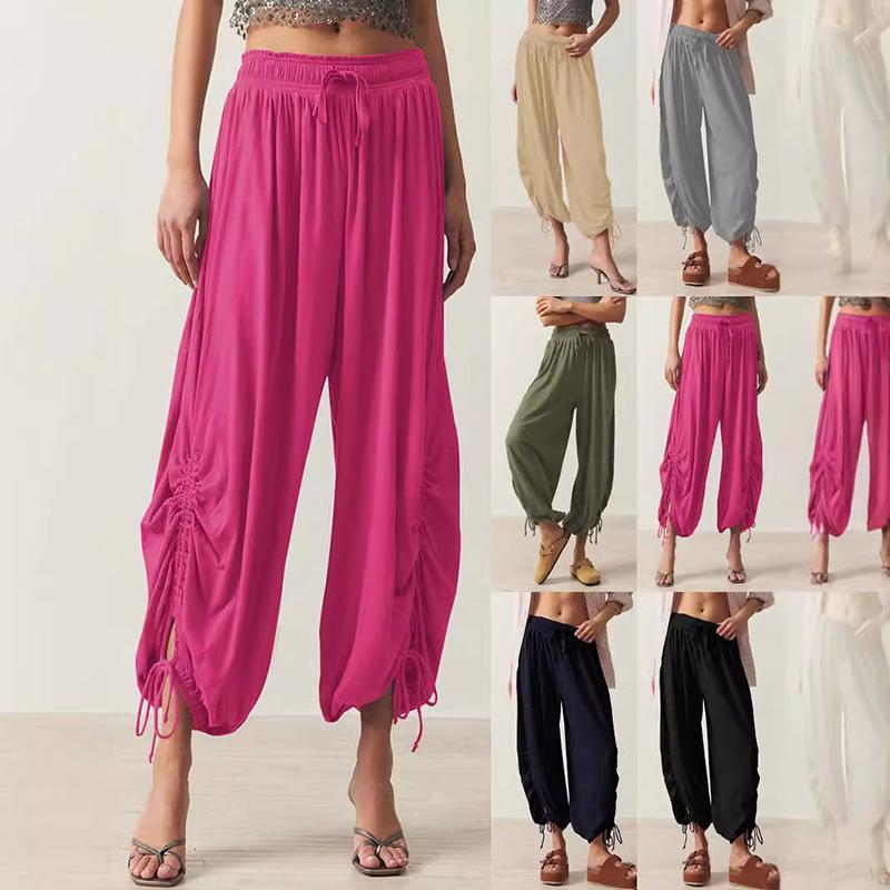 Women Spring Fall Fashion Wardrobe Staple Solid Color Drawstring High-Waisted Bloomers Ankle Pants Trousers