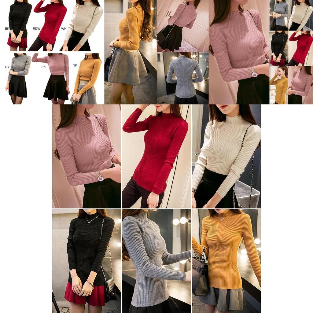 Elegant Women's Long Sleeve Knitted Sweater Turtleneck Jumper Slim Fit Pullover