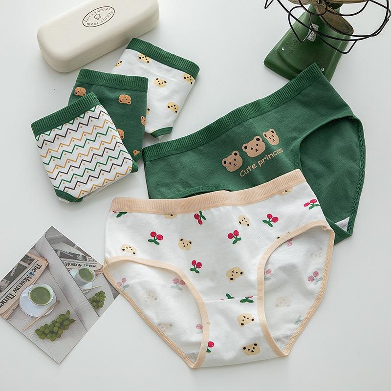 Japanische Niedliche Cartoon Grüner Bär Damen Unterwäsche aus Reiner Baumwolle - Mittelhoch geschnitten für Damen und Mädchen