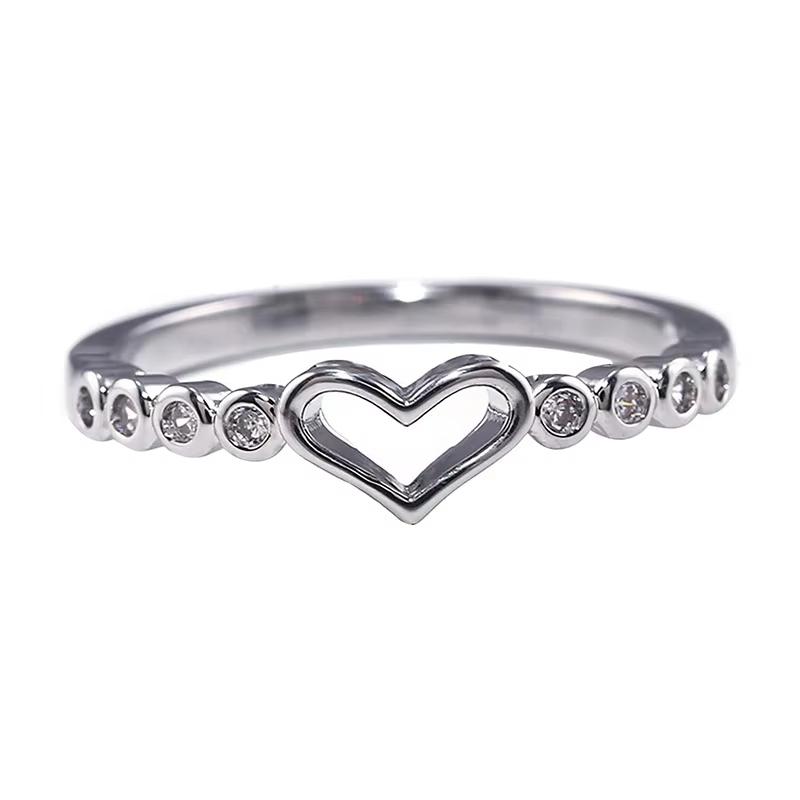 Huajie Romantic Heart Hollow Shape Wedding Women's Rings Inlaid White Zircon Banquet Silver Ring  Trend