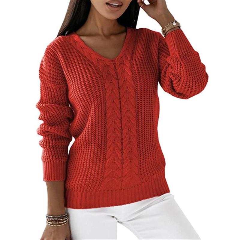 European & American Women's V-Neck Cable Knit Sweater - Long Sleeve Solid Color Casual Pullover Top