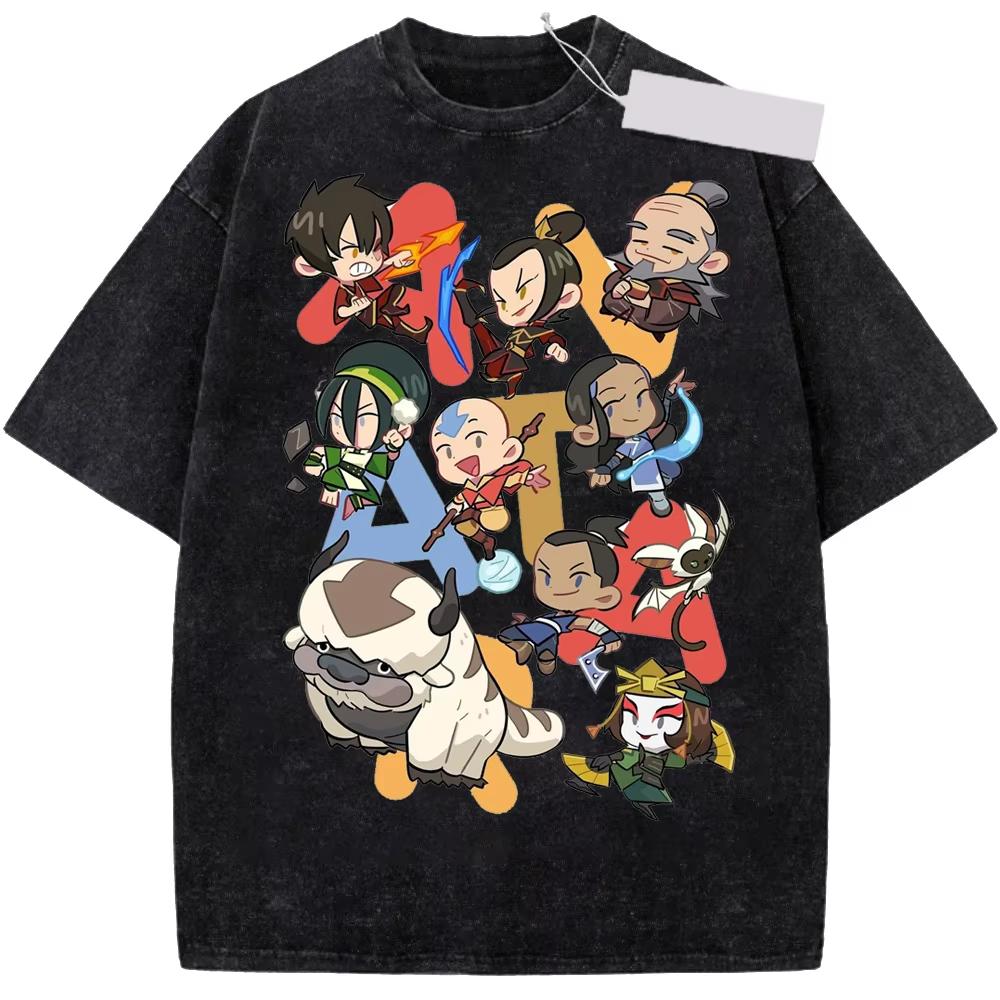 Avatar The Last Airbender Anime Katara Aang Grafisk Print Vintage Vasket Rund Hals T-shirt Mænd Kvinder Personlighed Streetwear Hip Hop Mode Oversized T-shirt