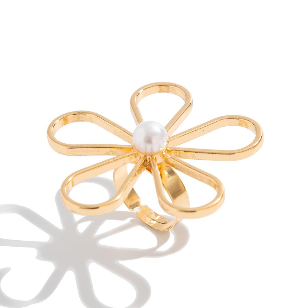 Design Sense Ins Style Hollow Flower Open Ring, Personalized Starfish Imitation Pearl Feather Ring for Women