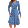 Women's Solid Color Long-sleeved V-neck Knee-length Dress