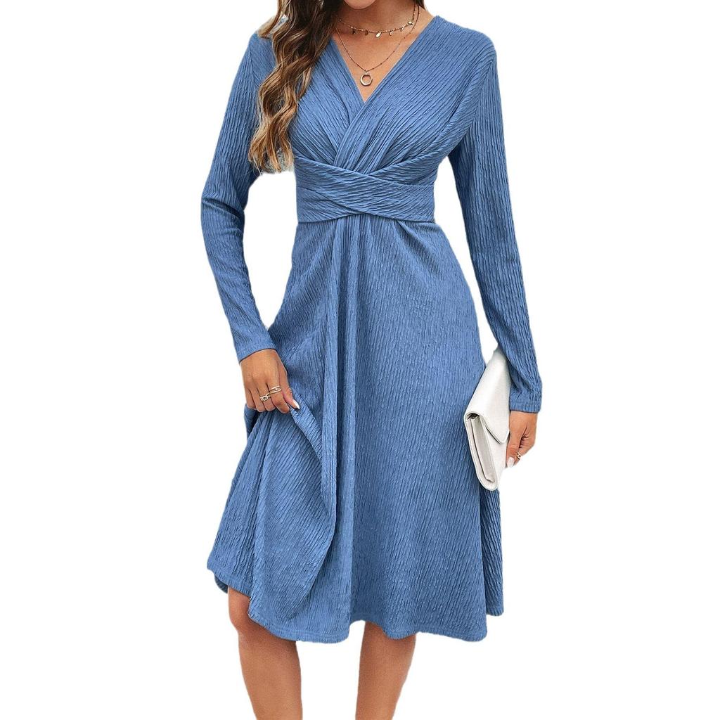 Women's Solid Color Long-sleeved V-neck Knee-length Dress