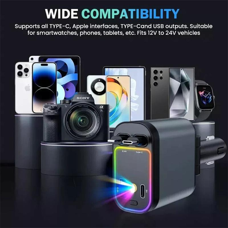 Superrychlá nabíječka do auta, 120W nabíječka do auta s výsuvnými kabely USB a Type-C portem, výsuvná nabíječka do auta 4 v 1
