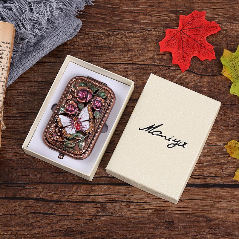 Kupfer Retro Doppelseitiger Taschenspiegel - Europäischer Stil Tragbares Faltbares Make-up-Accessoire für Frauen