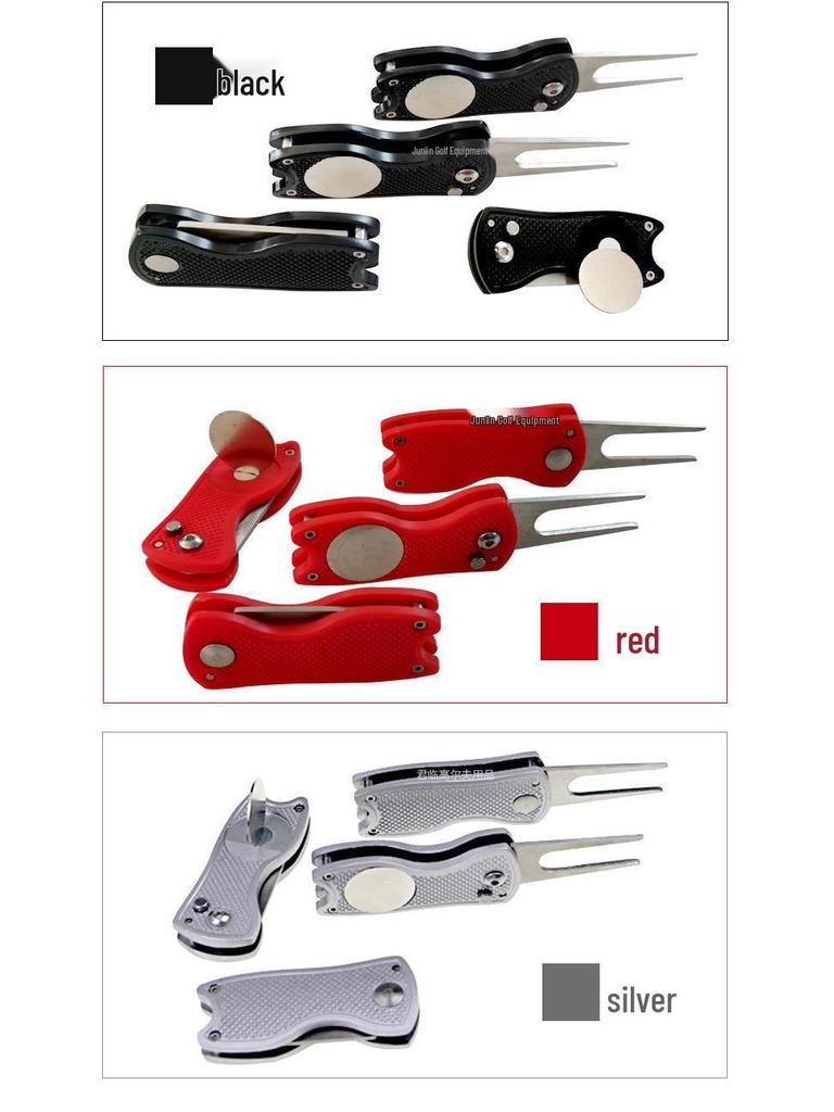 Spring-Loaded Foldable Golf Green Repair Fork with Detachable Marker - Zinc Alloy Construction