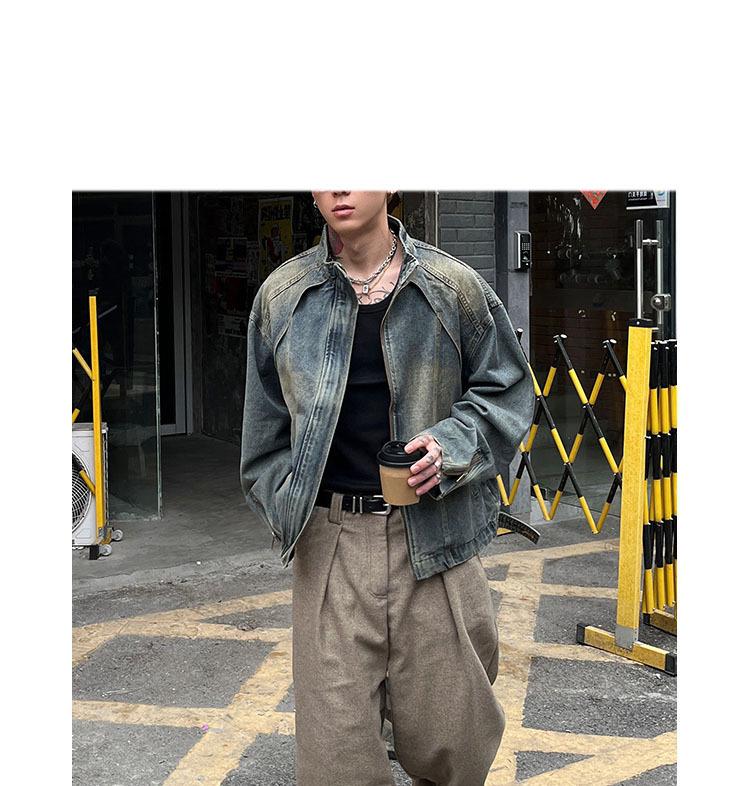 Men's High-End Heavyweight Deconstructed Denim Stand-Up Collar Jacket - Trendy American Retro PUNK Style