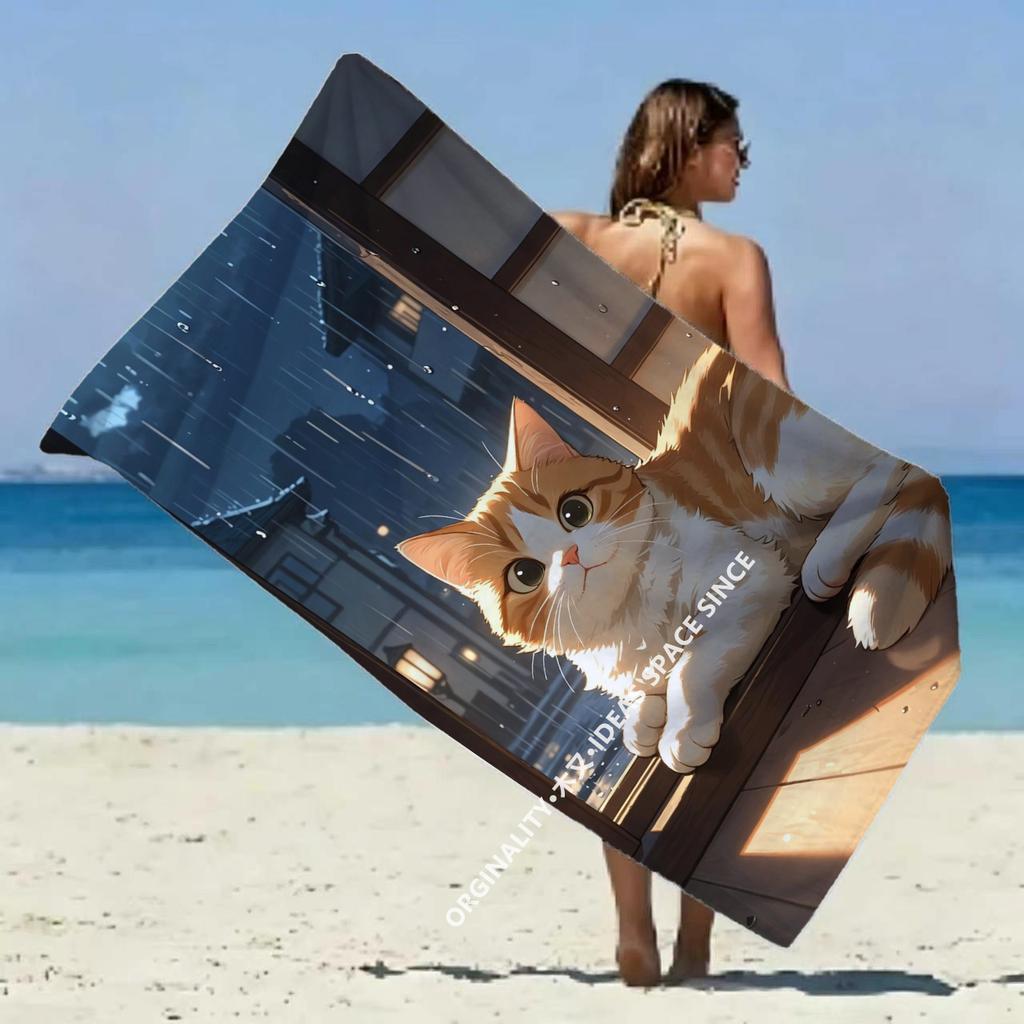 Cozy Rainy Cat Town Beach Towel Patterned Sunscreen And Windproof Suitable For Swimming Pool Camping Travel Blanket