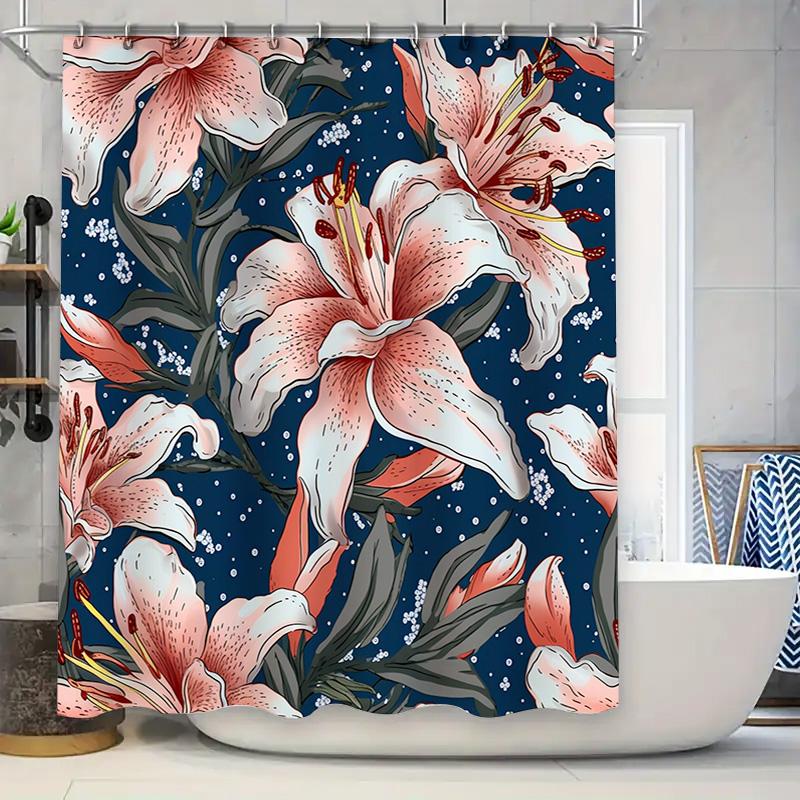 

Stylish Bath Curtain With Pink Tiger Lilies Floral Design For Modern Bathroom Decor Navy Blue Shower Curtain Set Waterproof 90x180cm