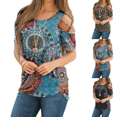 Damenmode Sommerkleidung Lässiger Druck Schulterfrei Kurzarm Tops Blusen Damen T-Shirt Lose Übergröße S-5XL