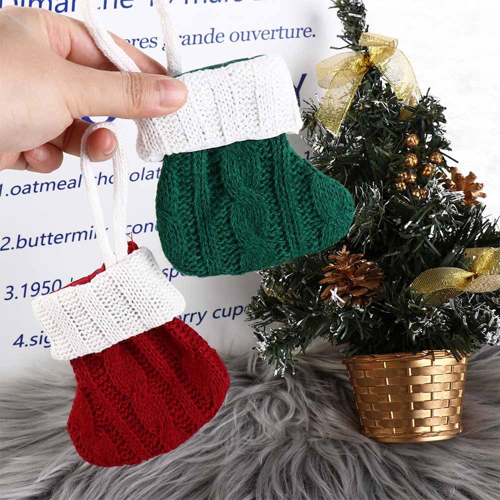 Red/Green Christmas Knitted Green Sock Handmade Mini Christmas Tree Hanging Mini Socks Decorative with White Top