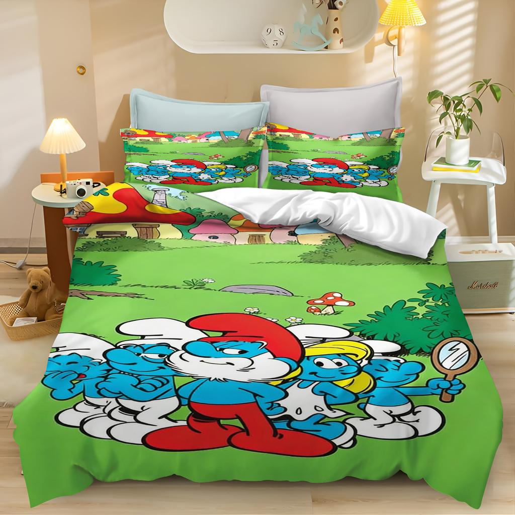 Die Schlümpfe Staffel Anime, Komfort-Bettwäsche für Zuhause und Schlafzimmer, Nordisches Polyester-Material, geeignet für Kinder und Erwachsene, 3-teiliges Set