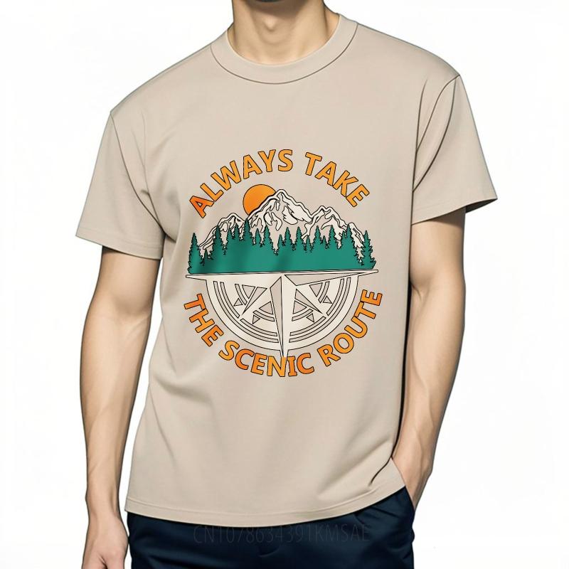 Big Size Summer Women T Shirt Always Take The Scenic Route Mountains Compass Sunset Trees Short Sleeve Adult ONeck Tees