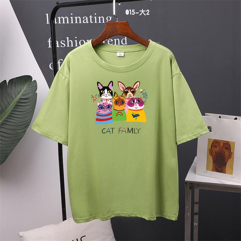 Cat Family Printed Cotton Cartoon T Shirts Women Summer Harajuku Kawaii Loose Tees for Girl Short Sleeve Casual Female Tops