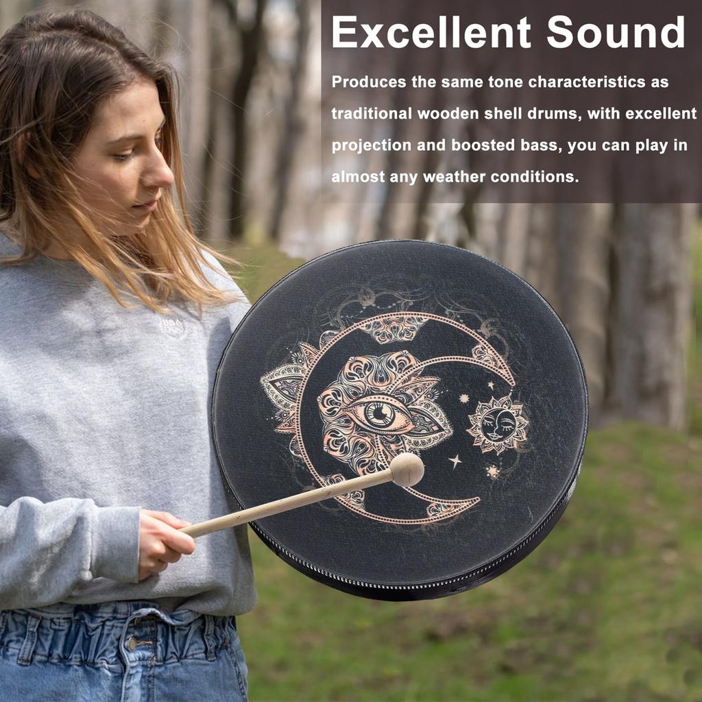 Shaman Meditation Moon Drum Vintage Distinctive Shaman Drum with Wood Stick for Sound Healing Instrument Black