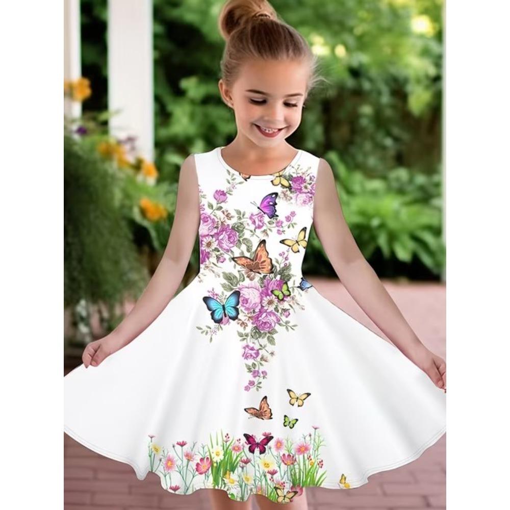 Girls 3D Print Dresses Kids Girl Party Short Sleeve Princess Dress Tank 3D Butterfly Print Dress