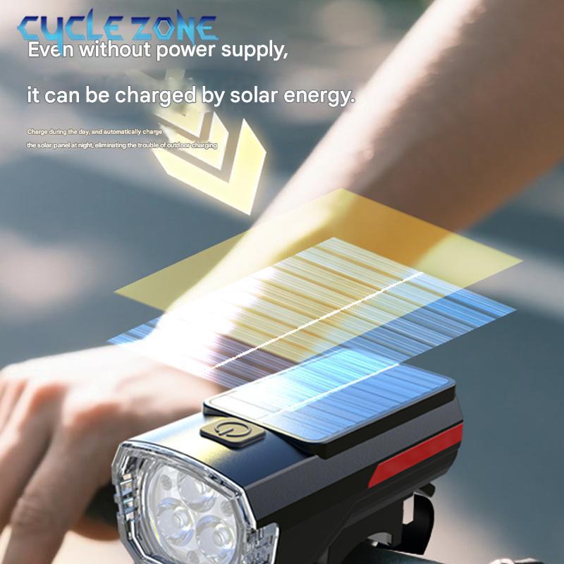 Solar Bicycle Light Bike Front Lamp TYPE-C Rechargeable Cycling Flashlight 3 Lighting Modes Bicycle Headlight for Night Riding