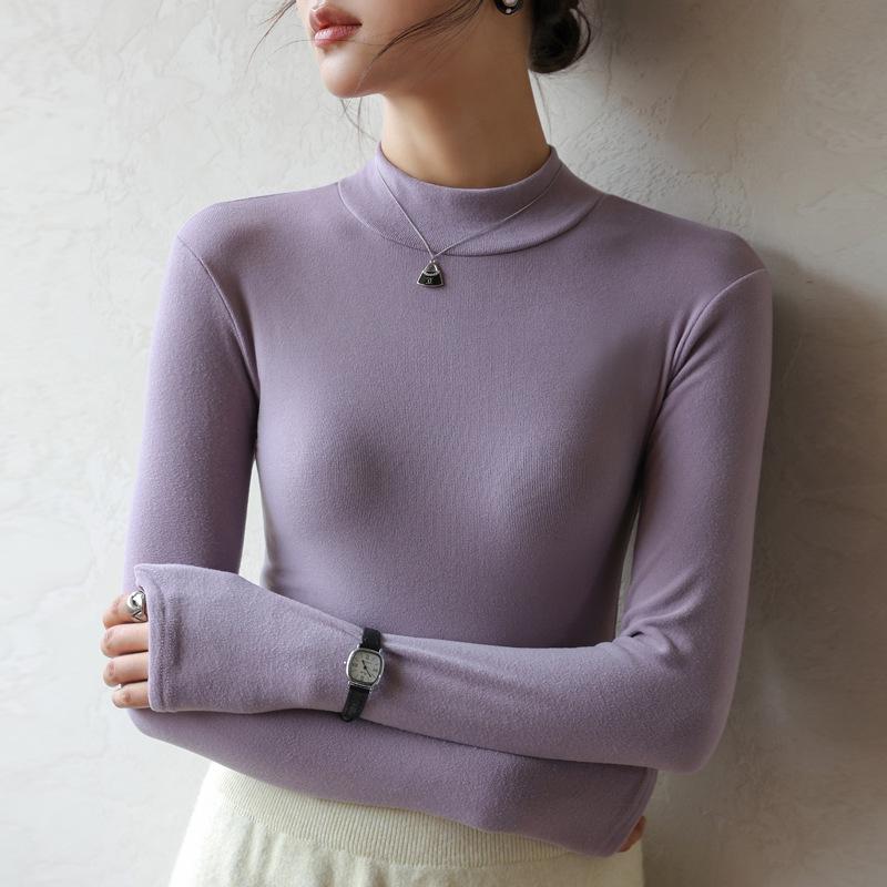 

Women s Cashmere Velvet Brushed Slim Fit Long Sleeve High Neck Base Layer Top for Autumn/Winter S (70-95 jin) фиолетовый