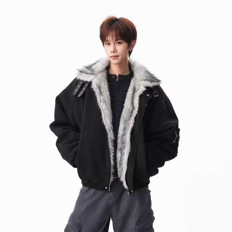 QOTRIOCK Men s Retro Padded Winter Jacket with Fur Collar L