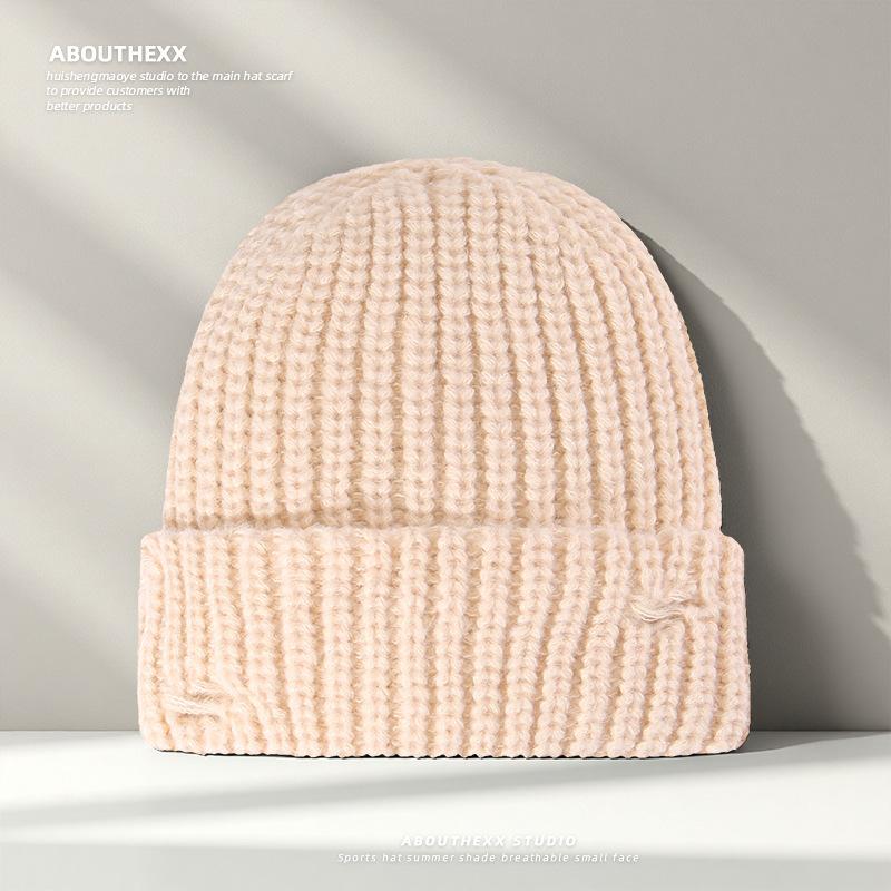 New Style Ripped Knitted Hat for Women Winter Retro  Versatile Face Showing Small Woolen Hat Large Head Circumference  Warm Pullover Cold Hat for Men