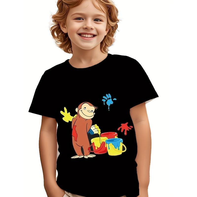 

European Size Boys Round Neck Short Sleeved T Shirt with Cartoon Monkey Doodle Pattern 98cm чёрный