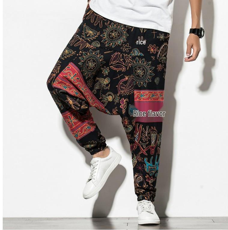 2023 Spring Men's Chinese-Style Cotton Linen Harem Pants - Printed Hip Hop Trousers