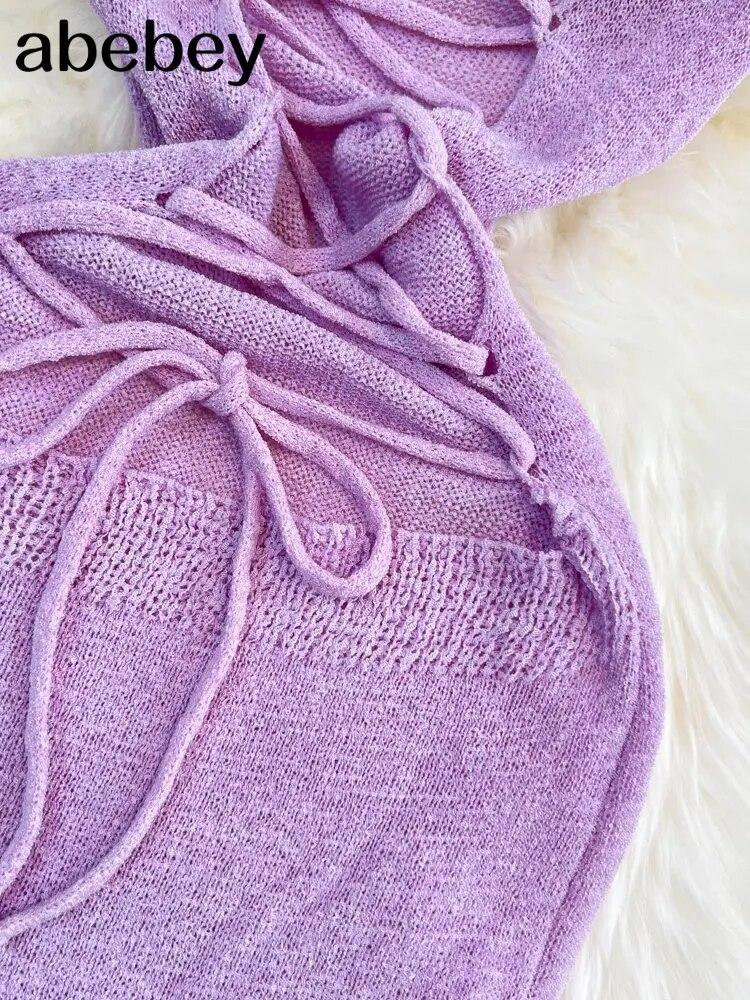 Blue/purple Summer Knit Sexy Strap Dress Women Tank Elatic Waist Bodycon Sundress Female Beach Split Backless Maxi Long Dress