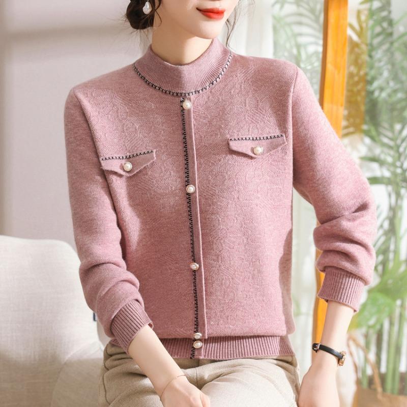 Mid-mother autumn and winter women's sweater jacquard semi-turtleneck pullover fleece thickened knitted bottoming shirt top