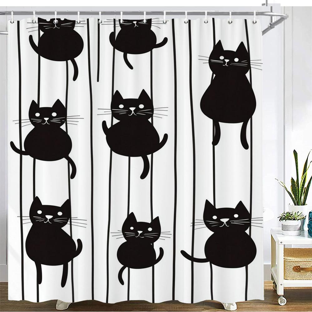 Cartoon Cute Cat Shower Curtain Printed Fabric Simple Style Lovely Cats Bathroom Curtain Bathtub Home Decoration Curtain