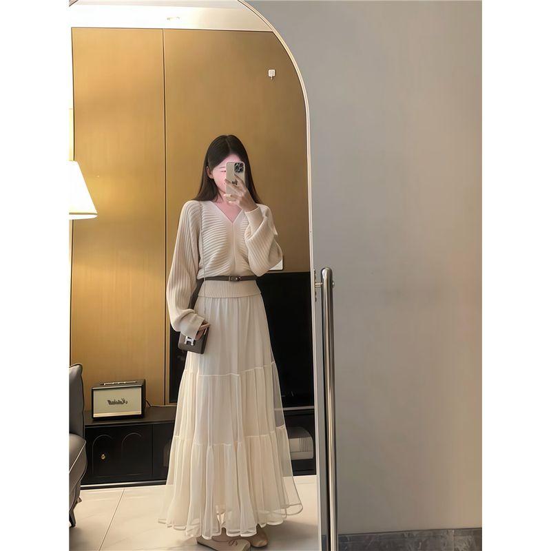 Kumikumi Fashion Suit Elegant Anti-Aging Long Sleeves Knitwear Female Fall High Waist All-Match Tutu Two-piece Set