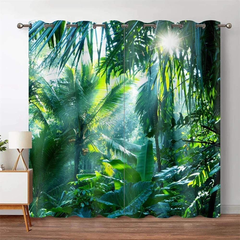 Forest Jungle Tree Natural Scenery Landscape Thin Window Blinds Curtains for Living Room Kitchen Bedroom Waterfall 2Pieces Decor