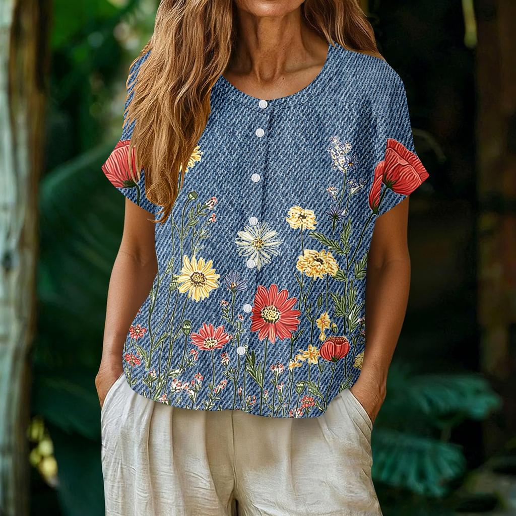 Womens Casual Henley Neck Button Down Floral Print Top Short Sleeve Lightweight Blouse for Summer Spring