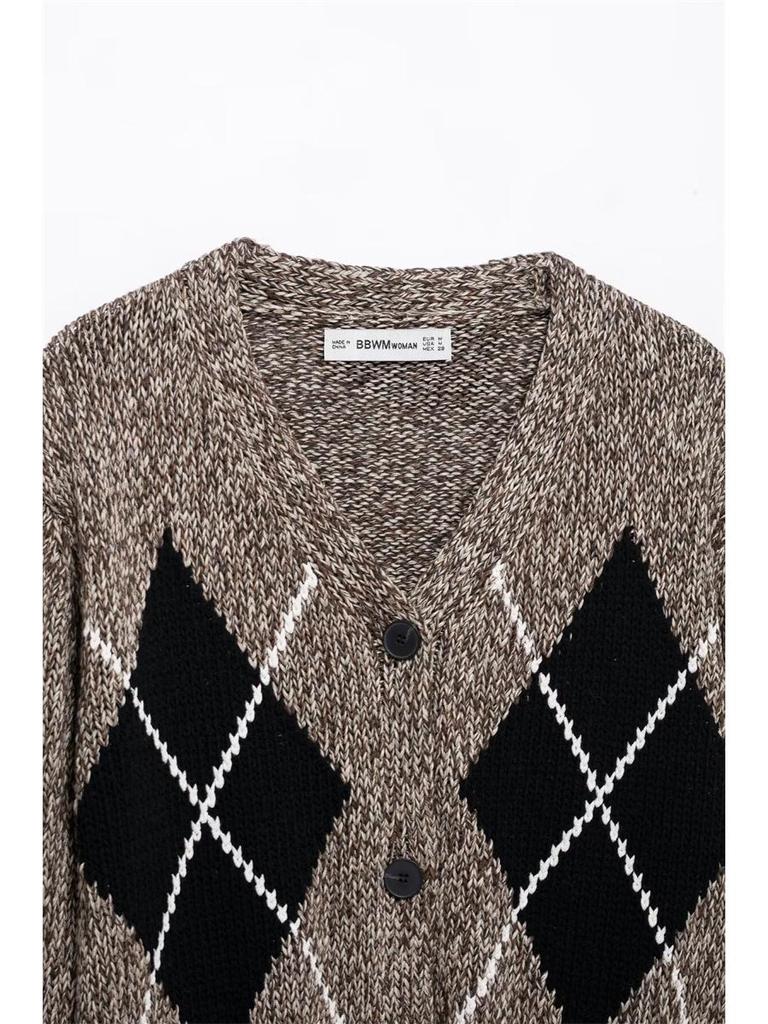 TAOP&ZA Women's Spring V-neck Knit Cardigan - Long Sleeve, Single-breasted, Casual Style