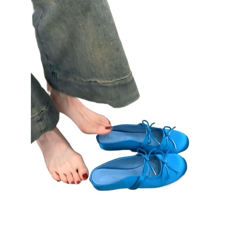 Inner height increase~ 2025 soft-soled bag head sandals bow word with satin round head half slippers women