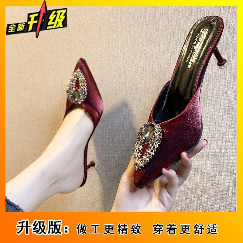2025 spring and summer new pointed high heels stiletto wear women's sandals sexy rhinestone fashion bag head half slippers women