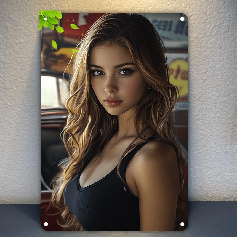 

Vintage Beautiful Young Woman with Long Wavy Hair Metal Tin Sign Retro Pretty Girl in Black Tank Top by Classic Car Iron Paint 20x30cm（7.8x11.8inch）