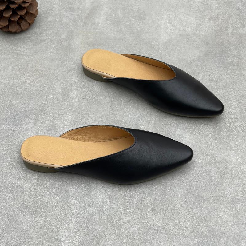 Johnature Pointed Toe Genuine Leather Women's Slippers Casual And Versatile Soft Cowhide Outdoor Slip-on Shoes