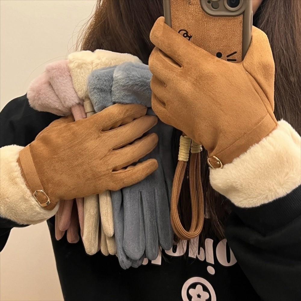 Suede Outdoor Cycling Gloves Winter Warm Five-finger Gloves Retro Touchscreen Gloves